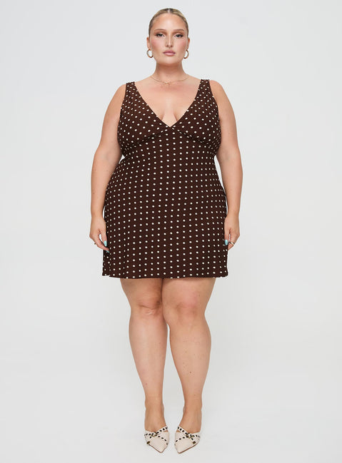 front view of model wearing Princess Polly Nellie Mini Dress Brown Polka Dot Curve Plunger 