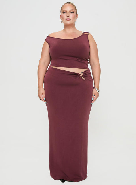 front view of model wearing Princess Polly Rios One Shoulder Top Mauve Curve Sleeveless Asymmetric Neckline 
