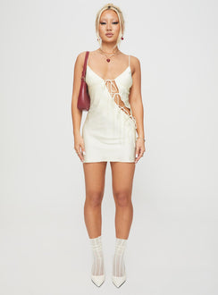 front view of model wearing Princess Polly About A Girl Mini Dress Cornsilk Scoop Neck 