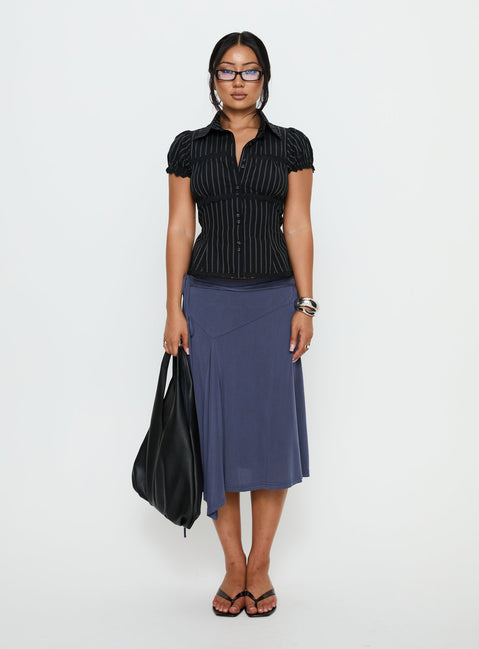 Deserve You Puff Sleeve Button Front Top Black Stripe