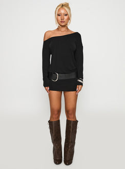 back view of model wearing Princess Polly Shelisa Mini Dress Black Asymmetric Neckline 