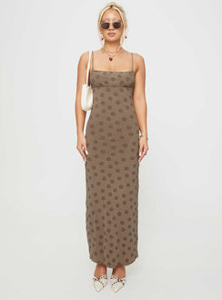 front view of model wearing Princess Polly Darsih Maxi Dress Light Brown Square Neck 
