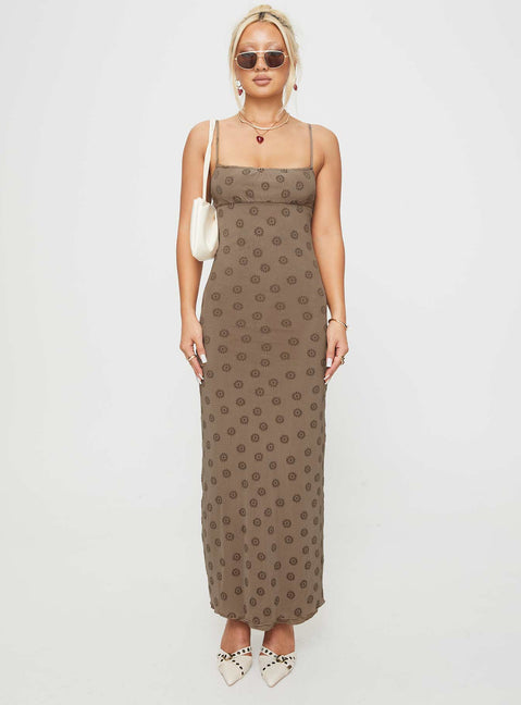 front view of model wearing Princess Polly Darsih Maxi Dress Light Brown Square Neck 