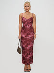 Front view of model wearing  front Princess Polly V-Neck  Hathaway Maxi Dress Burgundy Floral