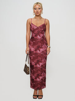 front view of model wearing Princess Polly Hathaway Maxi Dress Burgundy Floral V-Neck 