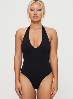 front view of model wearing Princess Polly Someone New Halter Bodysuit Black Tall Sleeveless 