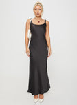 side view of model wearing Princess Polly Penelopy Bias Cut Maxi Dress Black Scoop Neck 