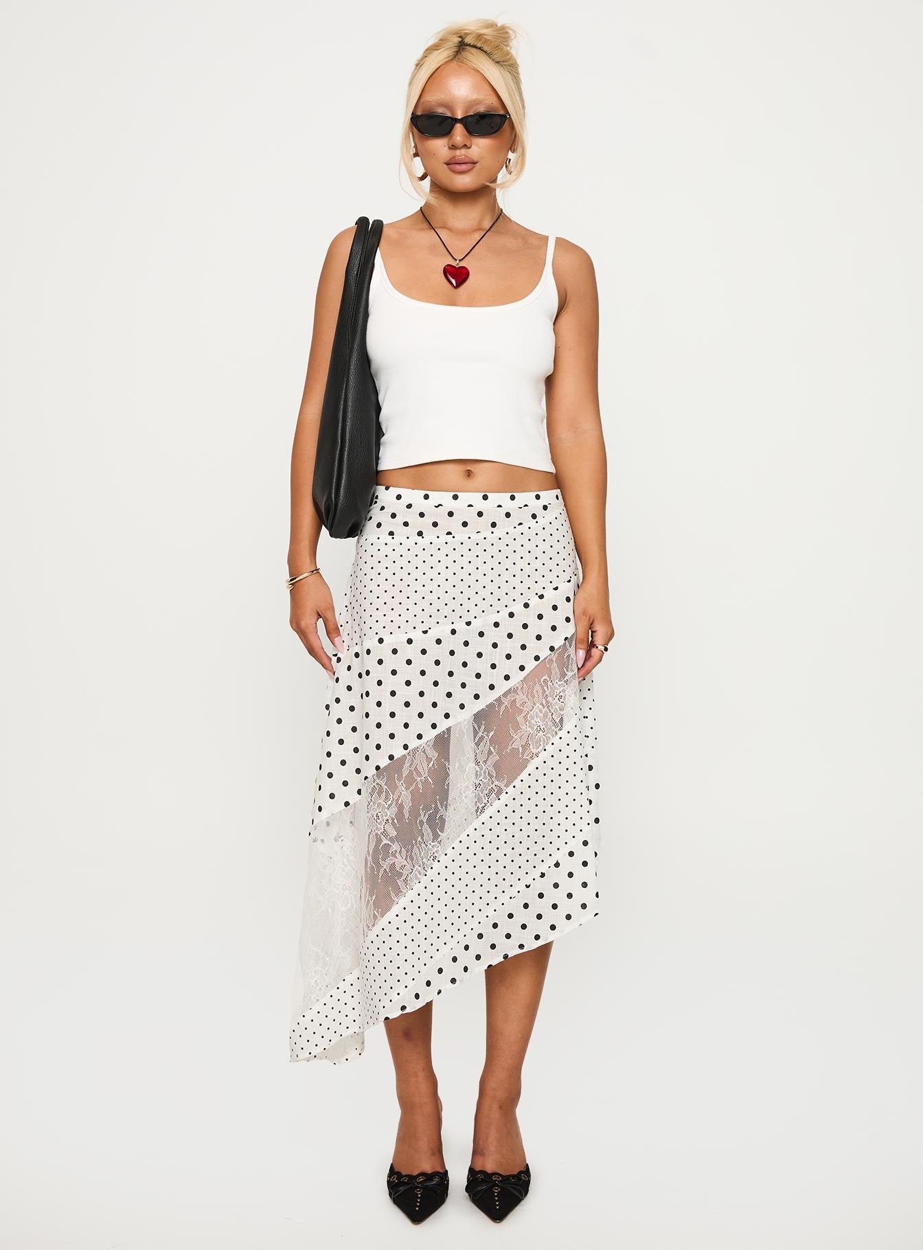   front view of model wearing Princess Polly Rennar Maxi Skirt White / Polka Dot Midi Skirts 