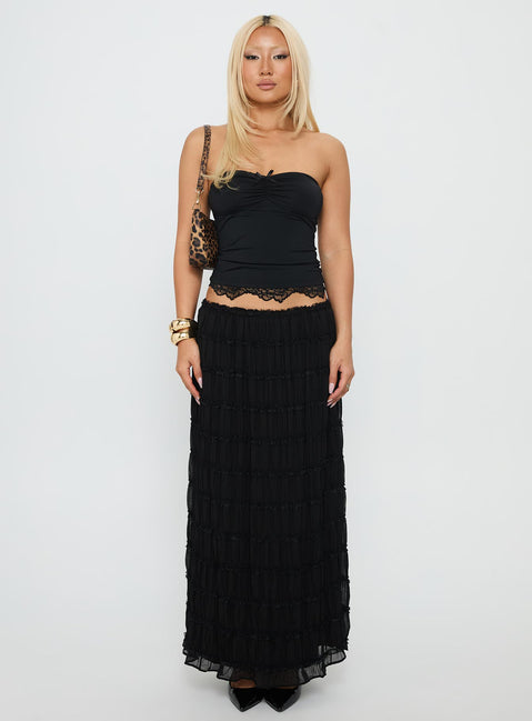   front view of model wearing Princess Polly Estefania Maxi Skirt Black Maxi 