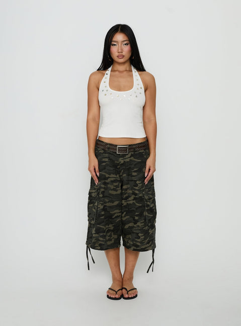 Renara Halter Ribbed Button Top White