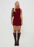 front view of model wearing Princess Polly Zimmie Mini Dress Burgundy Crew Neck 