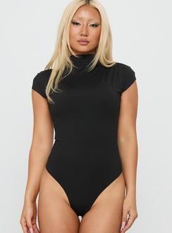 front view of model wearing Princess Polly Cailie Mock Neck Bodysuit Black Short Sleeve 