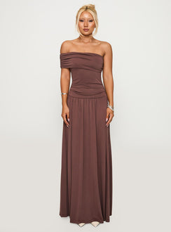 side view of model wearing Princess Polly Decadence Strapless Maxi Dress Brown Straight Neck 