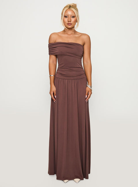 side view of model wearing Princess Polly Decadence Strapless Maxi Dress Brown Straight Neck 