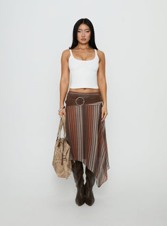 Showcasing the Massino Asymmetrical Midi Skirt Multi Stripe womens-skirts featuring midi length with belt and relaxed fit front view of model wearing Princess Polly