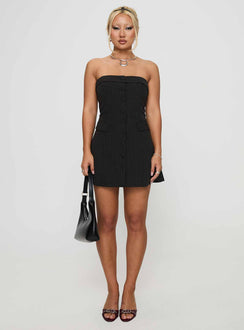 front view of model wearing Princess Polly Change It Up Mini Dress Black / Pinstripe Straight Neck 