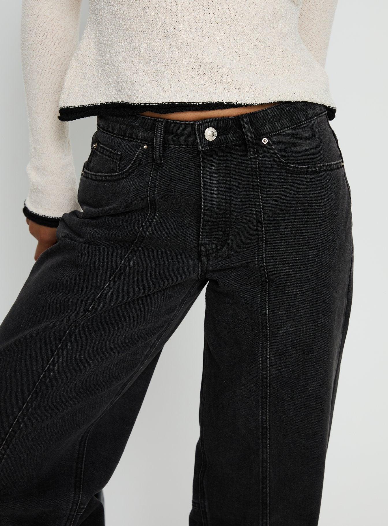 back view of model wearing Princess Polly Lando Low Rise Straight Leg Jeans Washed Black Low Rise Jeans 