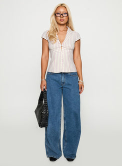 front view of model wearing Princess Polly Ellis Island Collared Top Pink Stripe Short Sleeves Plunger 