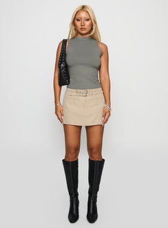 back view of model wearing Princess Polly Revelations Buckle Mini Skirt Camel Mini Skirts 