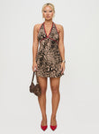 front view of model wearing Princess Polly Arzelie Bias Halter Mini Dress Leopard Plunger 