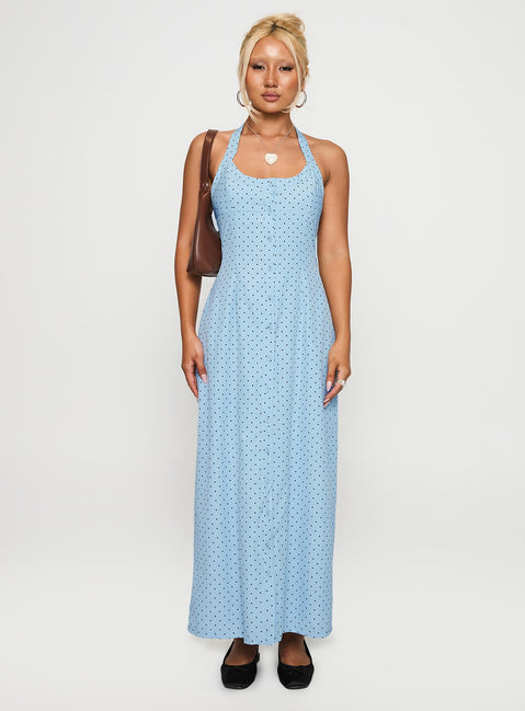front view of model wearing Princess Polly Mallorie Halter Maxi Dress Blue / Black Polka Scoop Neck 