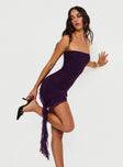 back view of model wearing Princess Polly Salinas Strapless Mini Dress Purple Straight Neck 