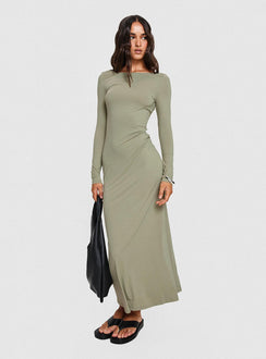 side view of model wearing Princess Polly Rain Fire Long Sleeve Maxi Dress Sage Boat Neck 