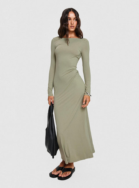 side view of model wearing Princess Polly Rain Fire Long Sleeve Maxi Dress Sage Boat Neck 