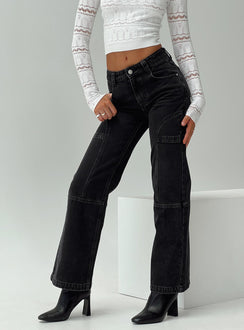 back view of model wearing Princess Polly Adims Jeans Washed Black Mid Rise 