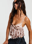 side view of model wearing Princess Polly Corella Top Beige Floral Sleeveless Sweetheart 