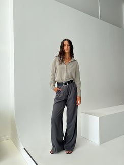 back view of model wearing Princess Polly Mahalia Shirt Light Grey Full Sleeves V-Neck 