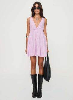 back view of model wearing Princess Polly Dipsie Mini Dress Lilac Plunger 