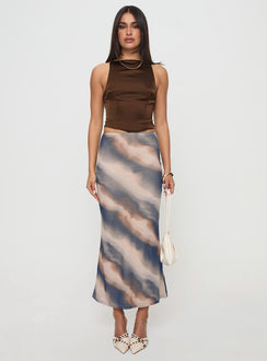 front view of model wearing Princess Polly Ashali Top Dark Brown Sleeveless High Neck 