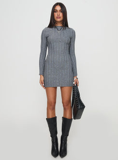 front view of model wearing Princess Polly Rich Girl Mini Dress Grey Marle Boat Neck 