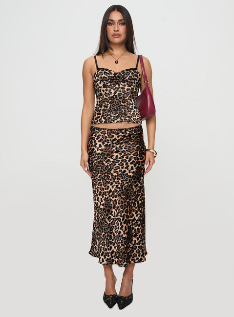   front view of model wearing Princess Polly Enigmatic Maxi Skirt Leopard Maxi 