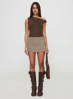 side view of model wearing Princess Polly Danza Top Brown Sleeveless Asymmetric Neckline 