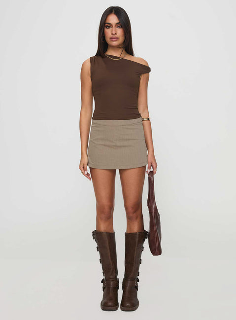 side view of model wearing Princess Polly Danza Top Brown Sleeveless Asymmetric Neckline 