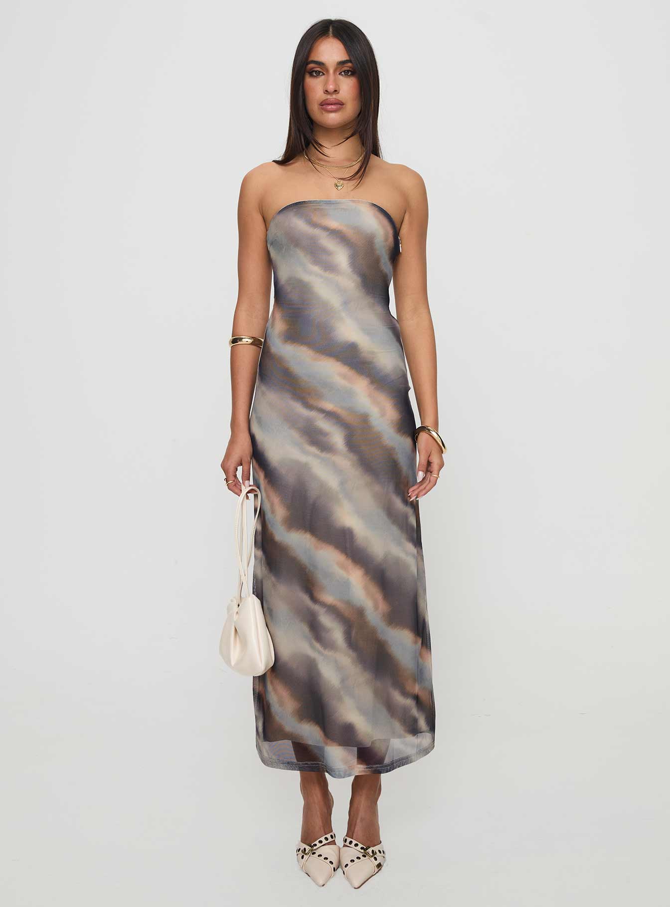 front view of model wearing Princess Polly Pinacle Strapless Maxi Dress Brown Straight Neck 
