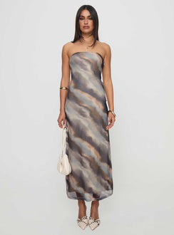 front view of model wearing Princess Polly Pinacle Strapless Maxi Dress Brown Straight Neck 