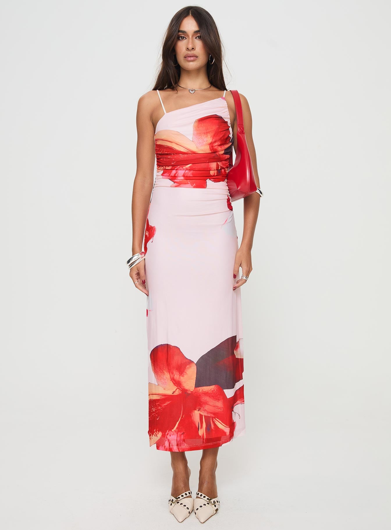 side view of model wearing Princess Polly Simeon Maxi Dress Floral Multi Asymmetric Neckline 