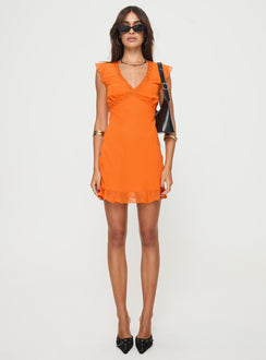 front view of model wearing Princess Polly Barreau Mini Dress Orange V-Neck 