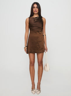 front view of model wearing Princess Polly Rosabella Mini Dress Brown Crew Neck 