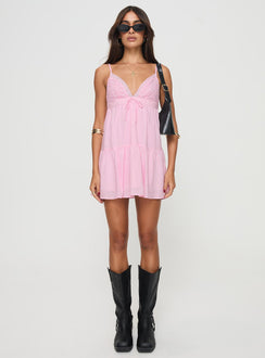 front view of model wearing Princess Polly Nicoletta Mini Dress Light Pink Petite Plunger 