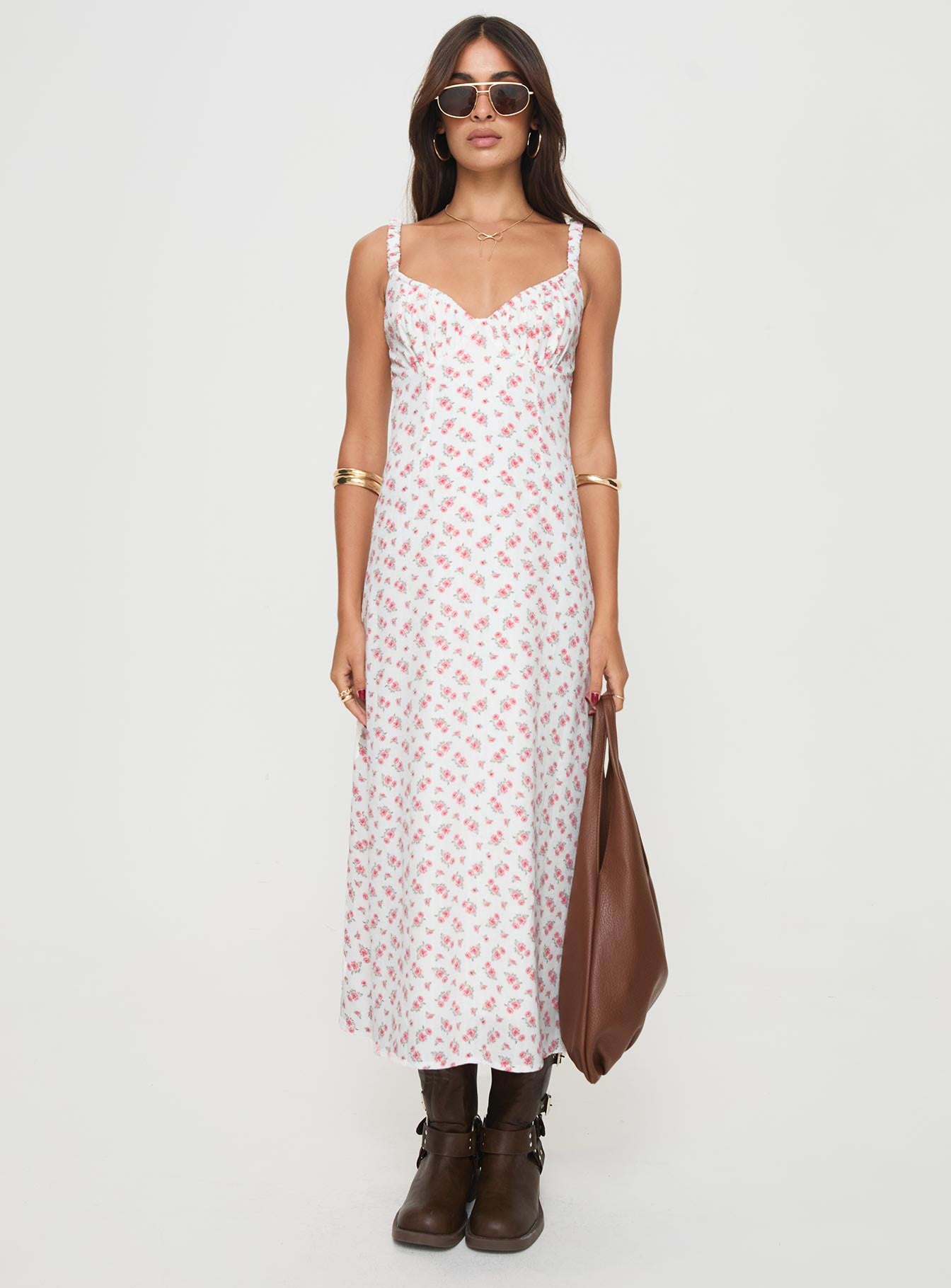front view of model wearing Princess Polly Georgia Midi Dress White / Pink Floral Plunger 