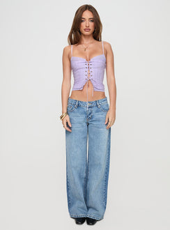 front view of model wearing Princess Polly Amitri Lace Up Top Lilac Sleeveless Plunger 