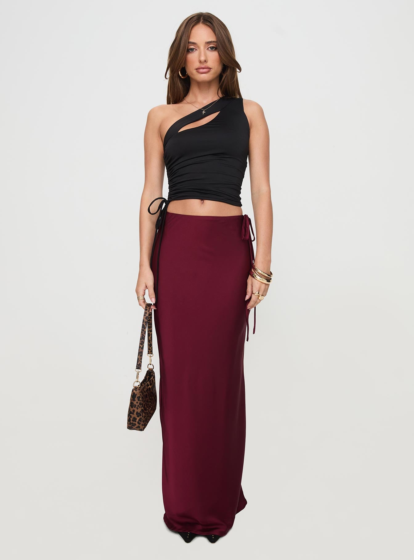 front view of model wearing Princess Polly Manifest Me One Shoulder Top Black Sleeveless Asymmetric Neckline 