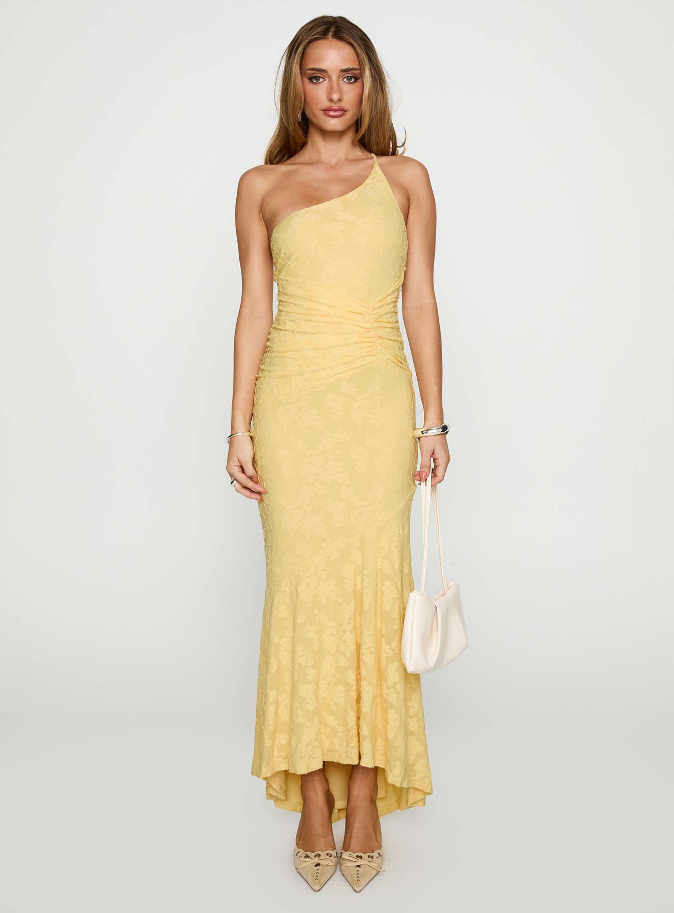 front view of model wearing Princess Polly Starlights One Shoulder Maxi Dress Lemon Asymmetric Neckline 