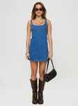 front view of model wearing Princess Polly Rautha Denim Mini Dress Mid Wash Petite Scoop Neck 