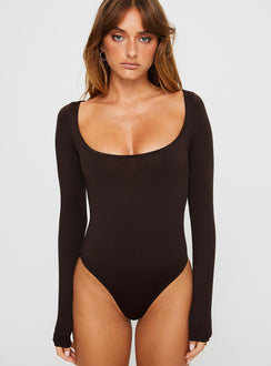 front view of model wearing Princess Polly Ellery Bodysuit Brown Tall Full Sleeves 