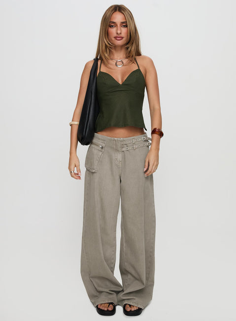 side view of model wearing Princess Polly Hopelessly Devoted Top Forest Green Sleeveless Plunger 